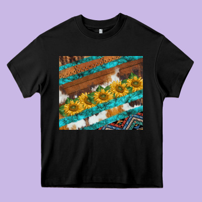 Western Aztec Sunflowers Turquoise Cowhide Heavy Core Tee Designed By Barkaloodesign