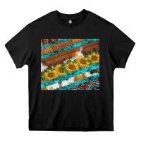 Black western aztec sunflowers turquoise cowhide Heavy Core Tee - BarkalooDesign