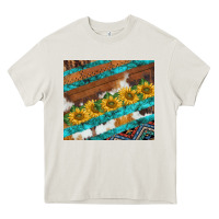 Cream western aztec sunflowers turquoise cowhide Heavy Core Tee - BarkalooDesign