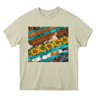 Mossy western aztec sunflowers turquoise cowhide Heavy Core Tee - BarkalooDesign