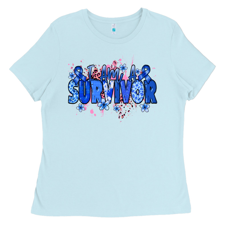 I Am A Survivor Colon Cancer Blue Ribbon Ladies Tee by NancyCooperArtShop | Teevron