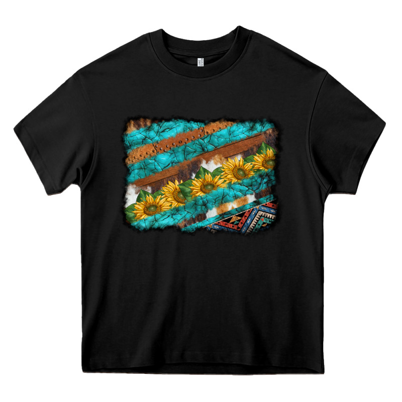 Western Aztec Sunflowers Turquoise Cowhide Background Heavy Core Tee by BarkalooDesign | Teevron