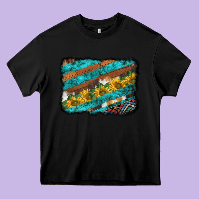 Western Aztec Sunflowers Turquoise Cowhide Background Heavy Core Tee Designed By Barkaloodesign