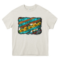 Cream western aztec sunflowers turquoise cowhide background Heavy Core Tee - BarkalooDesign