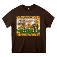 Chocolate Brown Western Charolais Bull With Sunflowers Heavy Core Tee - LillyAllenDesigns