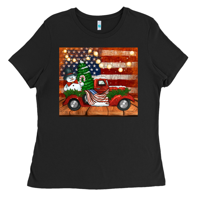 Christmas Truck With American Flag Ladies Tee by Jasminsmagicworld | Teevron