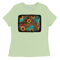 Matcha christmas sunflowers and buffalo plaid background Ladies Tee - Jasminsmagicworld