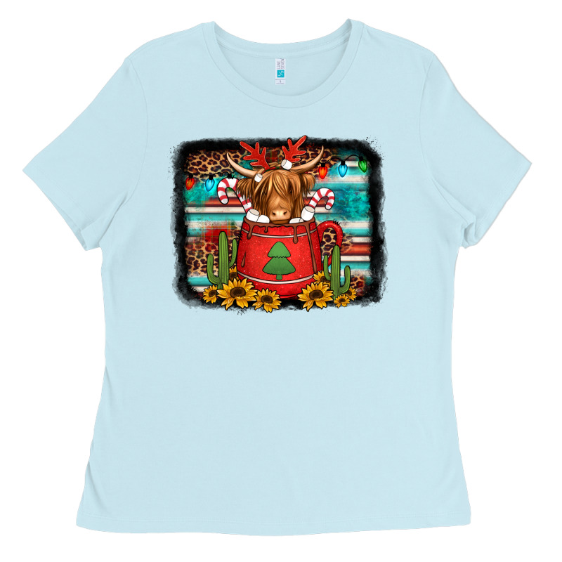 Hot Coco Christmas Highland Cow With Background Ladies Tee by Jasminsmagicworld | Teevron