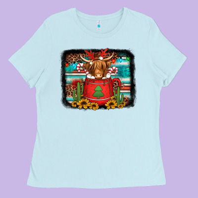 Hot Coco Christmas Highland Cow With Background Ladies Tee Designed By Jasminsmagicworld