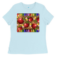 Baby Blue Teacher Crayons And Apples Ladies Tee - LillyAllenDesigns