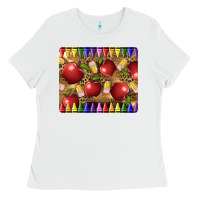 White Teacher Crayons And Apples Ladies Tee - LillyAllenDesigns
