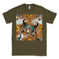 Army Green Western Bull Skull And Sunflowers With Leopard Seamless Pattern Classic Tee - BundleAndBundleShop