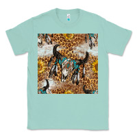 Seafoam Western Bull Skull And Sunflowers With Leopard Seamless Pattern Classic Tee - BundleAndBundleShop
