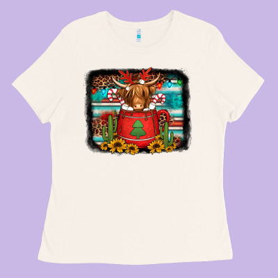 Hot Coco Christmas Highland Cow With Background Ladies Tee Designed By Jasminsmagicworld