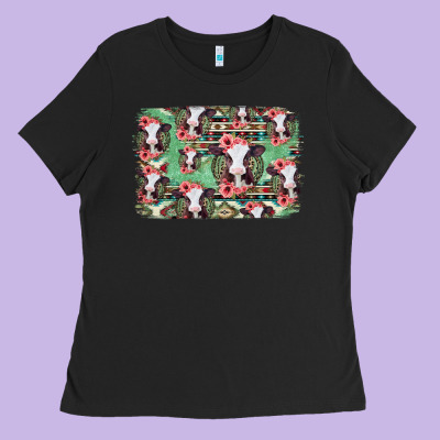 Baby Cow Floral Aztec Background Ladies Tee Designed By Jasminsmagicworld