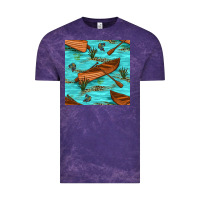 Cloud Purple Lake Canoe And Fish With Reeds And Leopard Seamless Pattern Bbs Vintage Tee - BundleAndBundleShop