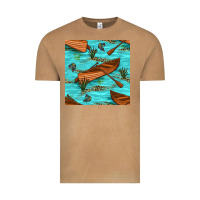 Lake Canoe And Fish With Reeds And Leopard Seamless Pattern Bbs Vintage Tee | Teevron