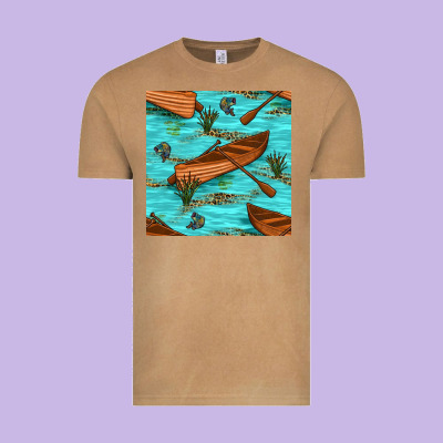 Lake Canoe And Fish With Reeds And Leopard Seamless Pattern Bbs Vintage Tee Designed By Bundleandbundleshop
