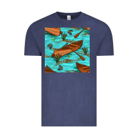 Vintage Denim Lake Canoe And Fish With Reeds And Leopard Seamless Pattern Bbs Vintage Tee - BundleAndBundleShop