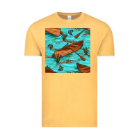 Vintage Mustard Lake Canoe And Fish With Reeds And Leopard Seamless Pattern Bbs Vintage Tee - BundleAndBundleShop