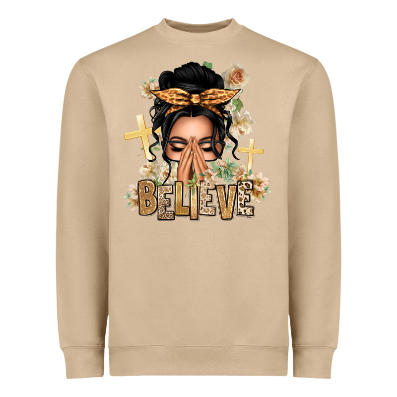 Black Hair Believe Praying Caucasian Messy Bun Heavyweight Sweatshirt by texasbilliewilder | Teevron