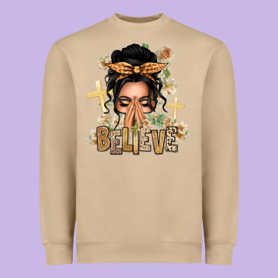 Black Hair Believe Praying Caucasian Messy Bun Heavyweight Sweatshirt Designed By Texasbilliewilder