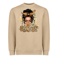 Mushroom Black Hair Believe Praying Caucasian Messy Bun Heavyweight Sweatshirt - texasbilliewilder