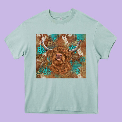 Highland Cow Turquoise Gemstones Western Patterns Heavy Core Tee Designed By Barkaloodesign