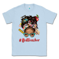 Dusty Blue Afro Messy Bun Best Teacher With Leopard Glasses Bbs Classic Tee - BundleAndBundleShop