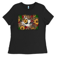 Black distressed christmas sunflowers leopard cowhide background Ladies Tee - Jasminsmagicworld