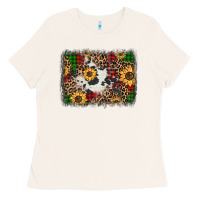 Bone distressed christmas sunflowers leopard cowhide background Ladies Tee - Jasminsmagicworld