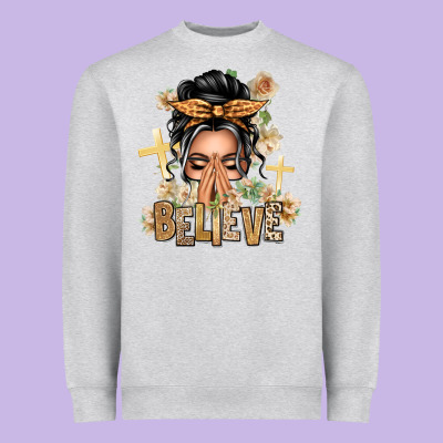Gray Hair Believe Praying Caucasian Messy Bun Heavyweight Sweatshirt Designed By Texasbilliewilder