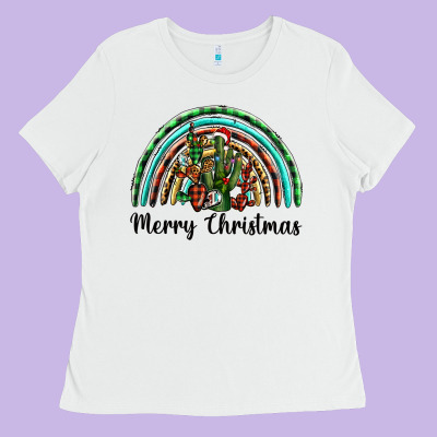 Merry Christmas Cactus Rainbow Ladies Tee Designed By Barkaloodesign