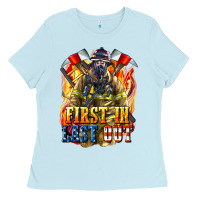 Baby Blue First In last Out American Firefighter Ladies Tee - LillyAllenDesigns