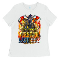 White First In last Out American Firefighter Ladies Tee - LillyAllenDesigns