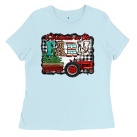 Baby Blue christmas on the farm tractor buffalo plaid Ladies Tee - Jasminsmagicworld