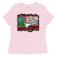Bubblegum Pink christmas on the farm tractor buffalo plaid Ladies Tee - Jasminsmagicworld
