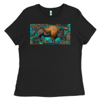 Black Bison with leopard and turquoise Ladies Tee - RanaPortraitStore