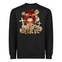 Black Red Hair Believe Praying Caucasian Messy Bun Heavyweight Sweatshirt - texasbilliewilder