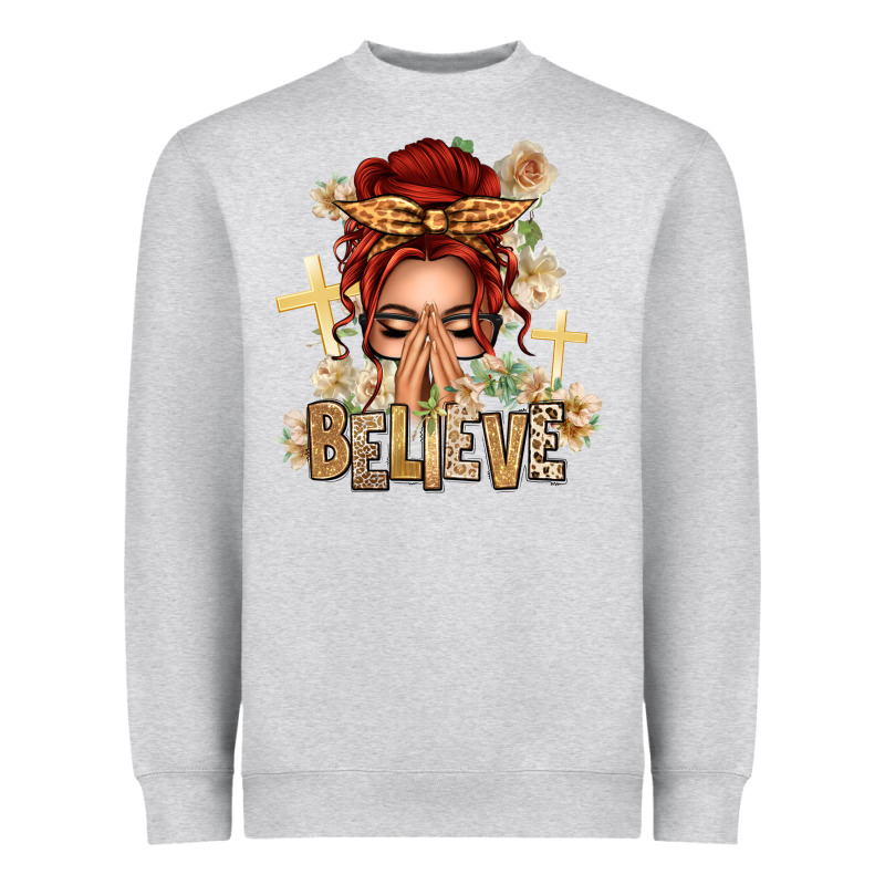 Red Hair Believe Praying Caucasian Messy Bun Heavyweight Sweatshirt by texasbilliewilder | Teevron