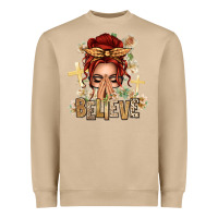 Mushroom Red Hair Believe Praying Caucasian Messy Bun Heavyweight Sweatshirt - texasbilliewilder