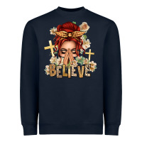 Navy Red Hair Believe Praying Caucasian Messy Bun Heavyweight Sweatshirt - texasbilliewilder