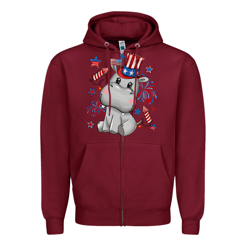 Fourth Of July Hippopotamus Zipper Hoodie by CowGirlArtShop | Teevron