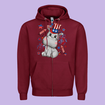 Fourth Of July Hippopotamus Zipper Hoodie Designed By Cowgirlartshop