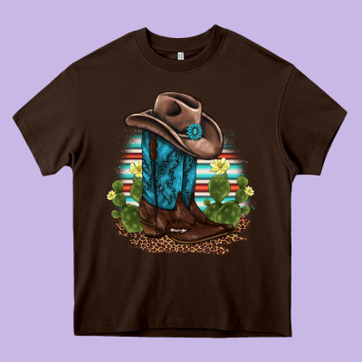Western Boots And Hat Cactus Leopard Serape Pattern Heavy Core Tee Designed By Barkaloodesign