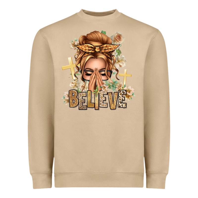 Blonde Hair Believe Praying Caucasian Messy Bun Heavyweight Sweatshirt by texasbilliewilder | Teevron