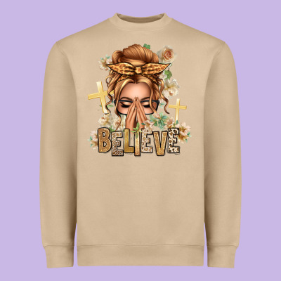 Blonde Hair Believe Praying Caucasian Messy Bun Heavyweight Sweatshirt Designed By Texasbilliewilder