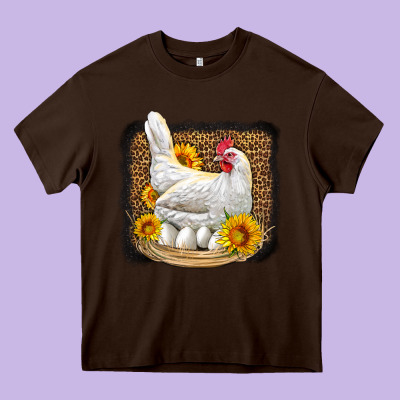Perched Chicken With Sunflowers Leopard Background Heavy Core Tee Designed By Lillyallendesigns