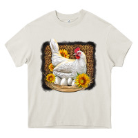 Cream perched chicken with sunflowers leopard background Heavy Core Tee - LillyAllenDesigns