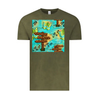 Vintage Olive Wooden Signboard And Gamping Map Seamless Pattern Vintage Tee - BundleAndBundleShop